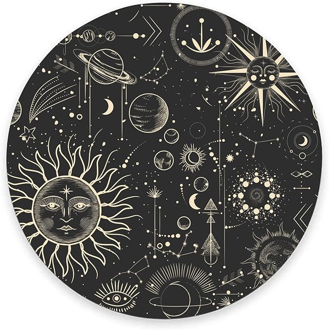 Round Mouse Pad, Celestial Pattern Sun and Moon Mouse Pad, Washable Gaming Mousepads with Lycra Cloth, Non-Slip Rubber Base Computer Small Mouse Pads for Wireless Mouse