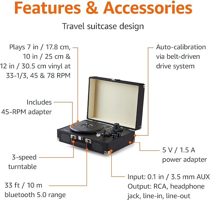 Amazon Basics Portable Suitcase Vinyl Turntable Record Player with Built-in Speakers and Bluetooth, Supports 3-Speed, Black