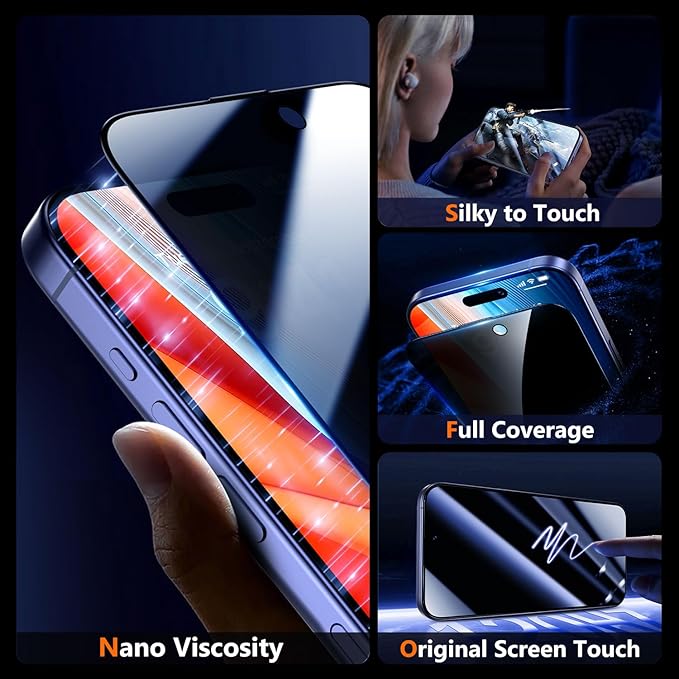 UniqueMe for iPhone 16 / iPhone 15 Privacy Screen Protector - [Military Grade Shatterproof & 9H+ Hardness] Screen Protector 16/15 Tempered Glass Full Coverage Protection, Easy to install, 2 Packs