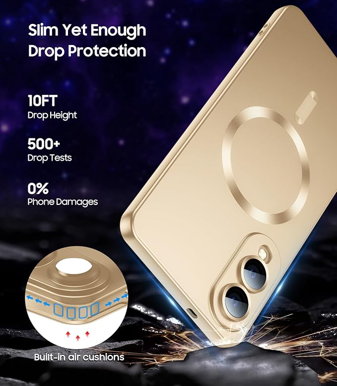 Magnetic for Samsung Galaxy S25 Edge Case [Compatible with MagSafe][Built-in Camera Lens Protector] Slim Soft Silicone Bumper Shockproof Metallic Luster Phone Case (Gold)