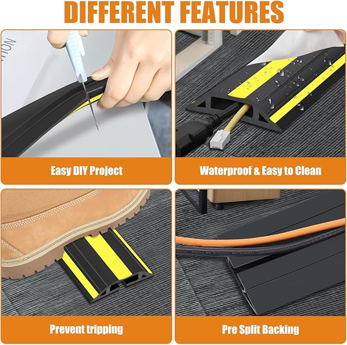 10 ft Cord Covers for Wires on Floor, Heavy Duty PVC Duct Floor Cord Cover, Floor Cable Cover Easy to Unroll Prevent Trip Hazard for Home Office or Outdoor Settings (2pcs)