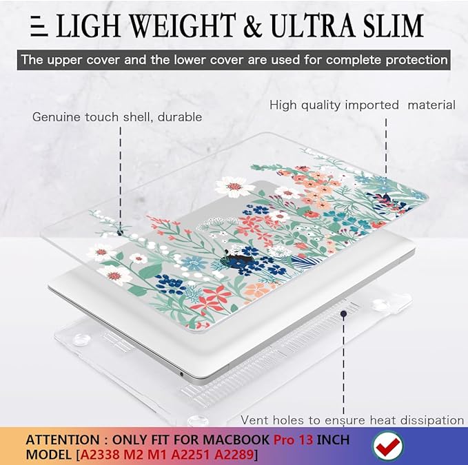 CISSOOK Compatible with MacBook Pro 13 inch Case M2 2025-2020 Model M1 M2 A2338 A2289 A2251, Protective Hard Case Floral Cover with Keyboard Cover for MacBook Pro 13 - Green Wildflowers