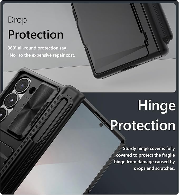 Vihibii for Samsung Galaxy Z Fold 6 Case with S Pen Holder & Card Holder & Slide Camera Cover & Screen Protector & Hinge Protection, Heavy Duty Rugged Wallet Phone Case for Galaxy Z Fold 6, Black