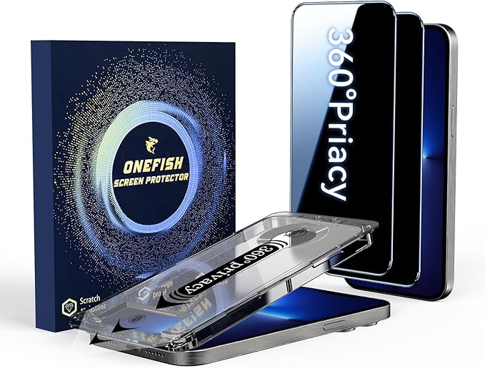 OneFish Screen Protector for iPhone 14 Pro Max Privacy, 4-Way 360° Anti-Spy Tempered Glass, 9H Hardness, HD Clear Anti-Fingerprint 3D Curved Edges, Case-Friendly & Easy Installation [2 Pack]
