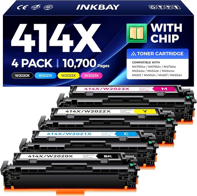 414X Toner Cartridges Set 4-Pack High Yield with Chip Replacement for HP 414X 414A Toner Compatible with HP Color Laserjet M455dn MFP M480f M454dn M454dw MFP M479fdn M479fdw Printer
