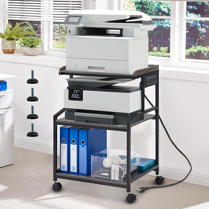 Lauren&Harold 34'' Printer Stand with Power Outlets & USB Ports, 3-Tier Adjustable Rolling Cart, Heavy Duty 150LBS Storage Table with Wheels for Office, Kitchen, Living Room, Grey/Black