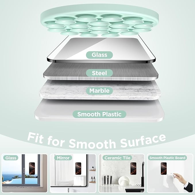 Magnetic Suction Cup Phone Mount for MagSafe Case, Silicone Hands-Free Phone Grip Holder for iPhone and Android, Mirror Shower Phone Stand for Makeup FaceTime Gym Kitchen Bathroom, Mint Green