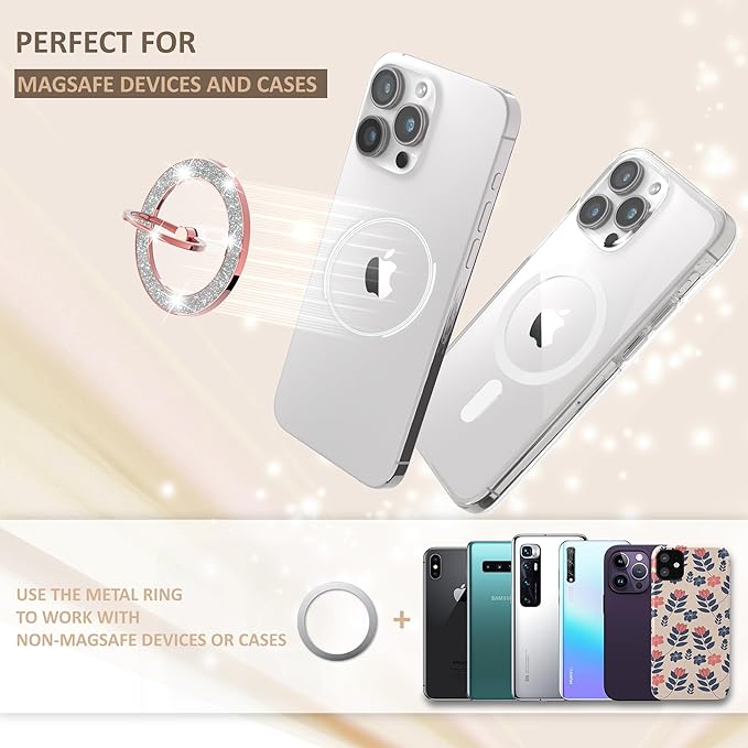 Magnetic Phone Ring Holder for MagSafe, Magnetic Phone Grip for iPhone, Compatible with iPhone MagSafe Wireless Charging. (Glitter Rose Gold)