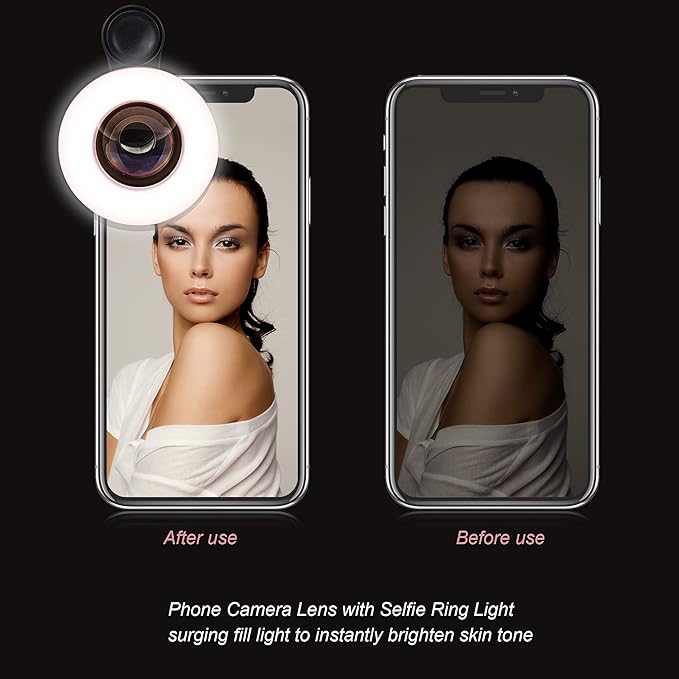 Macro Lens for iPhone and Android with Mini Clip Ring Light, Portable Rechargeable Dimming, for Smart Phone Photography, Camera Video Recording, VLOG