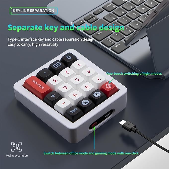 Adventurers K812 Wired Mechanical Numeric Keypad, 19-Key Hot-Swappable RGB Numpad, Macro Programmable, Detachable Type-C Cable, Game/Office Mode Switch – for PC/Laptop/Desktop (White)