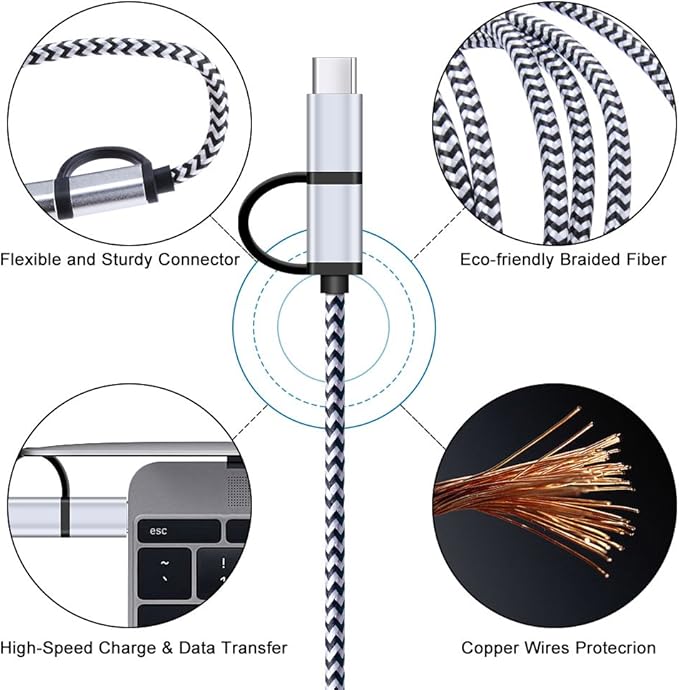USB C Cable, SIXSIM 3Pack 6Ft 2 in 1 Cable Type C Charger Cable Nylon Braided USB A and Micro USB Cable for iPhone 16/16 Pro/16 Pro Max, Samsung Galaxy S24 S23 Ultra S22 S21 Plus, More Android Devices