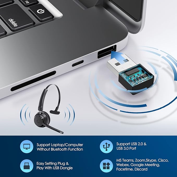 Bluetooth Headset, Wireless Headphone with Microphone for Computer, On Ear Bluetooth with USB Dongle for Office Call Center Skype Zoom Meeting Online Class (Dark Gray)