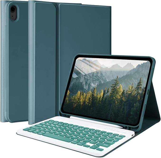 MMK iPad A16 Case (2025, 11"), iPad 10th Generation Case with Keyboard (2022, 10.9"), Wireless Detachable Keyboard, Pencil Holder (Dark Green)