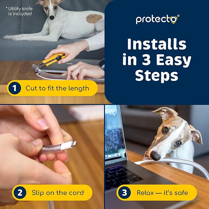 PROTECTO Heavy Duty Cord Protectors from Pets No Chew Solution, 7ft Easy to Use Dog & Cat Cord Protector, Clear & Odorless Critter Cord Covers for Pets, Power Audio & Video Wire Protector Tubing