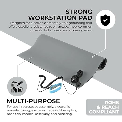 MWRF ESD Mat Kit with Wrist Strap and Grounding Cord (2 FT x 4 FT x 0.12 Inch, Grey) - MWRF Source