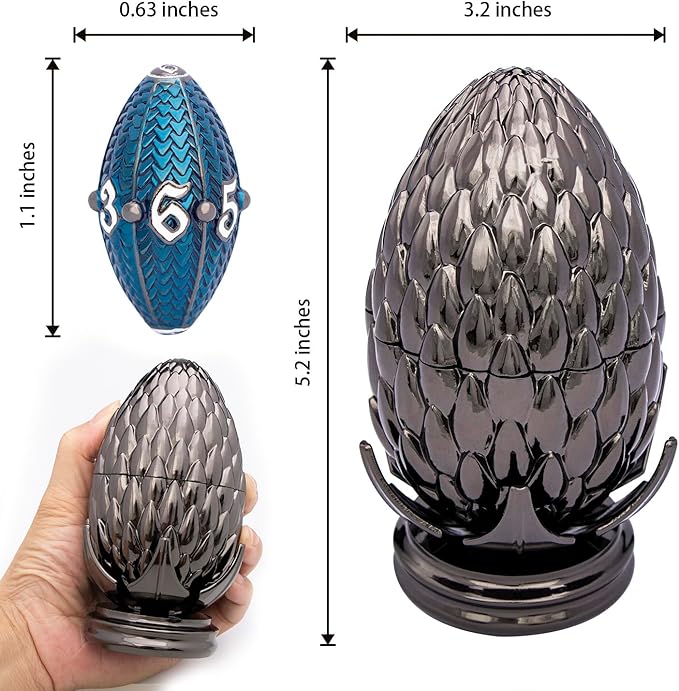 ARUOHHA DND Metal Dice Black Blue Dragons Egg Dice with Rotating Dragon Egg Shell, Compatible with D&D RPG Role Playing Game, Dungeons Polyhedral D and D Dice Set D20 D12 D10 D8 D6 D4