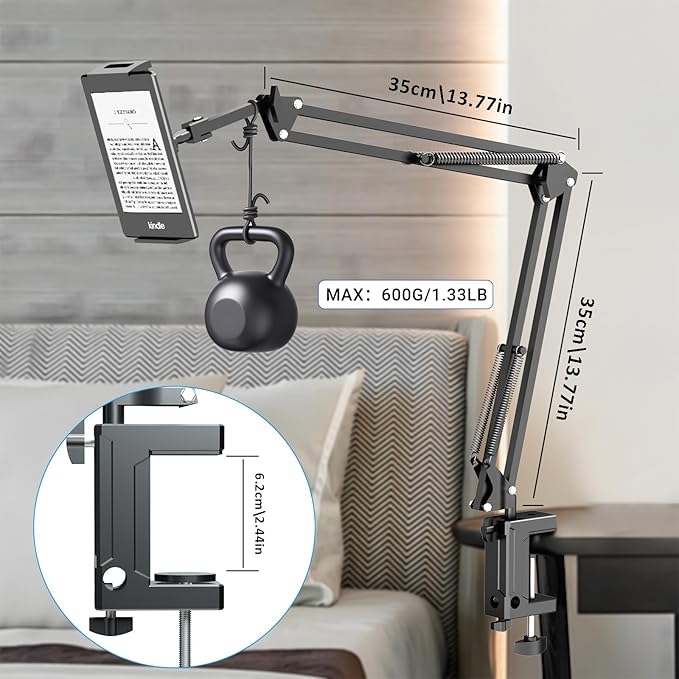 Metal Tablet Holder for Kindle Reading in Bed, Easy Adjust Hands Free Lazy Arm Mount for Kindle Accessories, Gifts for Readers