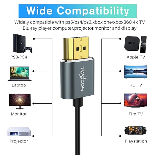 Twozoh Slim 4K HDMI Cable 3.3FT 5 Pack, Ultra Thin & Flexible Skinny HDMI to HDMI 2.0 Cord Support 4K/60HZ 18gbps Laptop, Monitor, PS5, PS4, Xbox One, Fire TV