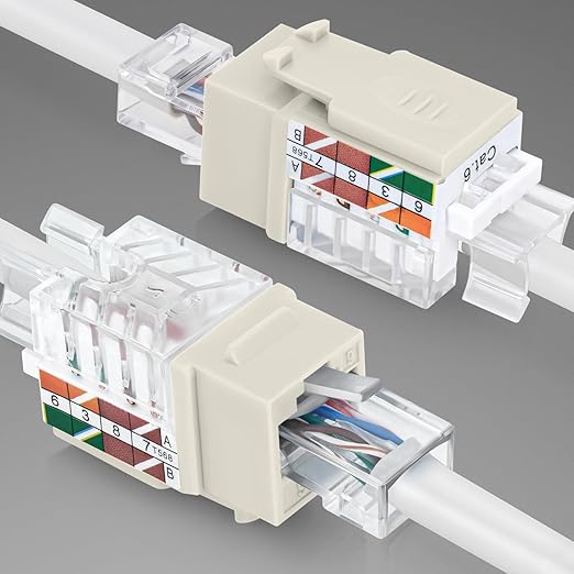 Everest 45° Angled RJ45 Cat6 Keystone Jacks 10-Pack in Light Almond - Slim Profile Female RJ45 Connectors - Cat 6 Keystone Jack - Compatible with 45° Angled Speed Termination Tool - 45Term