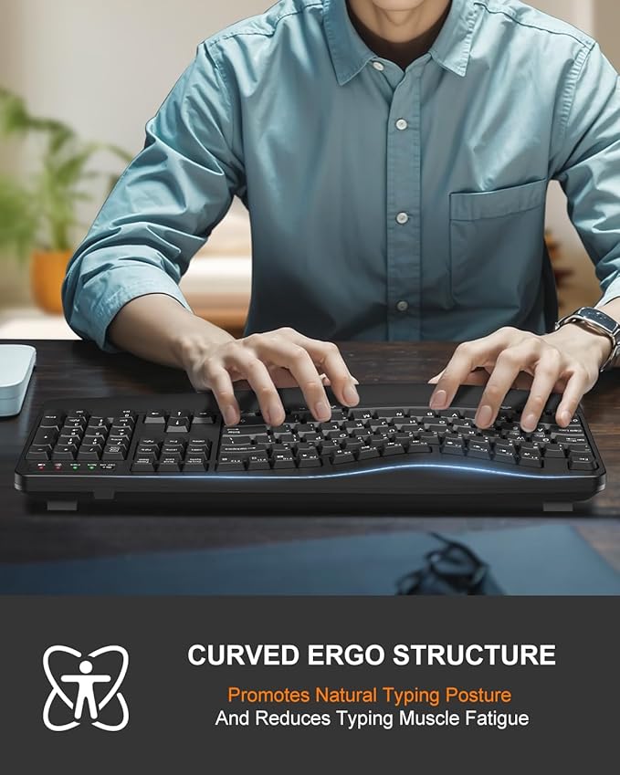 EDJO Ergonomic Wireless Keyboard for Large Hands, with Wrist Rest, Wave Keys, 2.4GHz Full Size Ergo Cordless USB Computer Keyboard, Comfortable Natural Typing, for Laptop, Mac, Windows (Black)