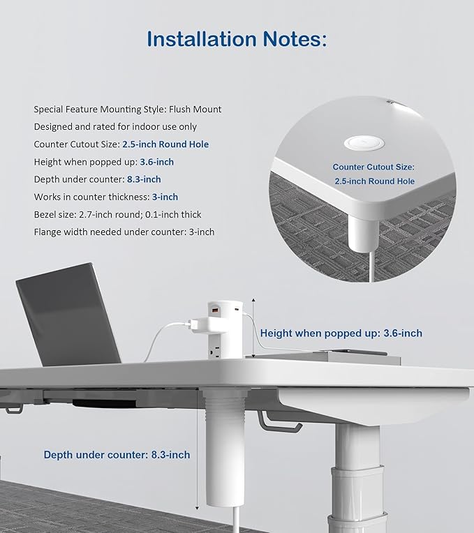 Pop up Outlet for Countertop,65W USB C Fast Charging Port,2.5-inch Hole Desktop Power Grommet,Recessed Power Strip,4 Outlets 4 USB Ports,15Amp Tamper Resistant Receptacle,ETL Listed (White)