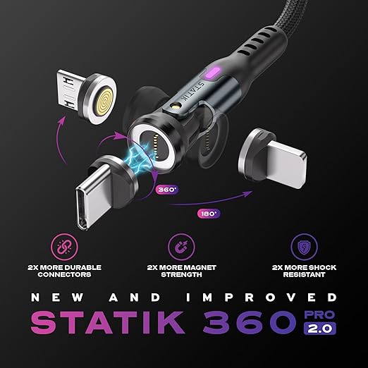 Statik 360 Pro Magnetic Charging Cable - Type C Charger Fast Charging 3 in 1 USB C to USB C Cable, Micro USB & iProduct Tips, USB A Adapter, Fits All Devices - 100W Fast Charger, Black 6FT/2M, 3 Pack