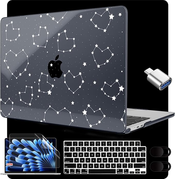 MEEgoodo for M4/M3/M2 MacBook Air 15.3 inch Case 2025 2024 2023, Case Fit Model (A3241/A3114/A2941) for MacBook Air 15 inch, Laptop Hard Shell with Keyboard Cover, Constellations & Hearts