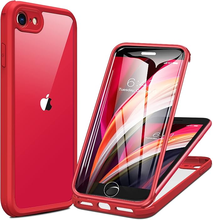 Miracase for iPhone SE Phone Case 3rd/2nd Generation 2022 2020 Full-Body with Built-in Glass Screen Protector, Heavy Duty 360° Protective Shockproof Bumper Cover for iPhone 8/SE 4.7 Inch, Red