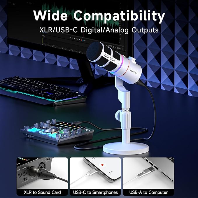 EJoy D10 PRO(D) Wireless USB Gaming Microphone – RGB Dynamic Mic with Wired/Wireless Modes, XLR/USB-C, Real-Time Monitoring, 45H Battery, Studio Mic for Gaming, Streaming, Podcast, Recording (White)