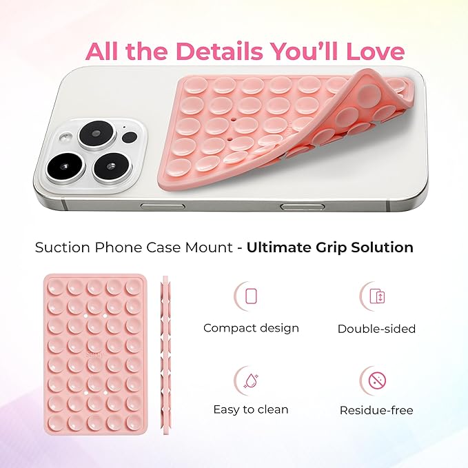 SUCKY Silicone Suction Phone Case Adhesive Mount - Anti-Slip Holder, Hands-Free Fidget Toy, Phone Accessory for iPhone and Android (Chalk Pink, Double V2)