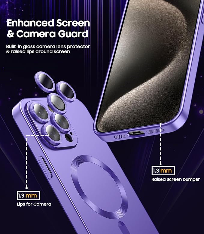 Magnetic for iPhone 15 Pro Case [Compatible with MagSafe][Built-in Camera Lens Protector] Slim Soft Silicone Bumper Shockproof Metallic Shine Phone Case (Purple)