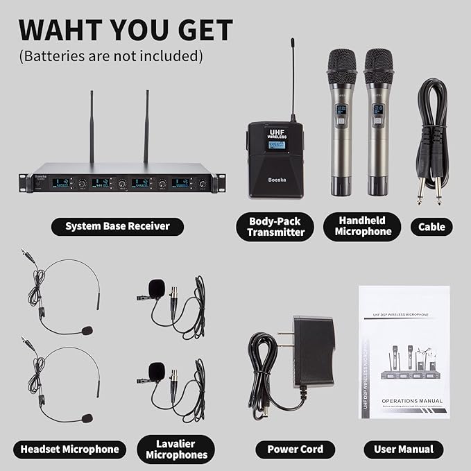 4 Channel Wireless Microphone System UHF 2 Cordless Handheld Mics and 2 Lavalier Headset Mics for Karaoke Church Speaking Conference Meeting Party, 4x25 Adjustable Frequency (2 Handheld + 2 Bodypack)