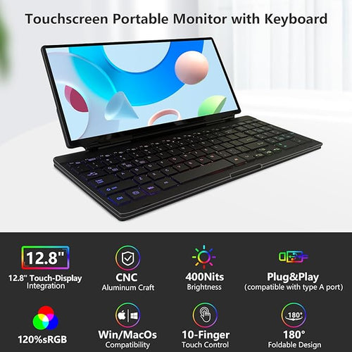 12.8" Portable Touchscreen Keyboard Monitor Stretched Bar Screen Extender with Silent Keyboard Foldable Mini RPi Display Type-C USB-A Monitor for Macbook Laptop Windows Desktop Mini PC (12.8 inch)