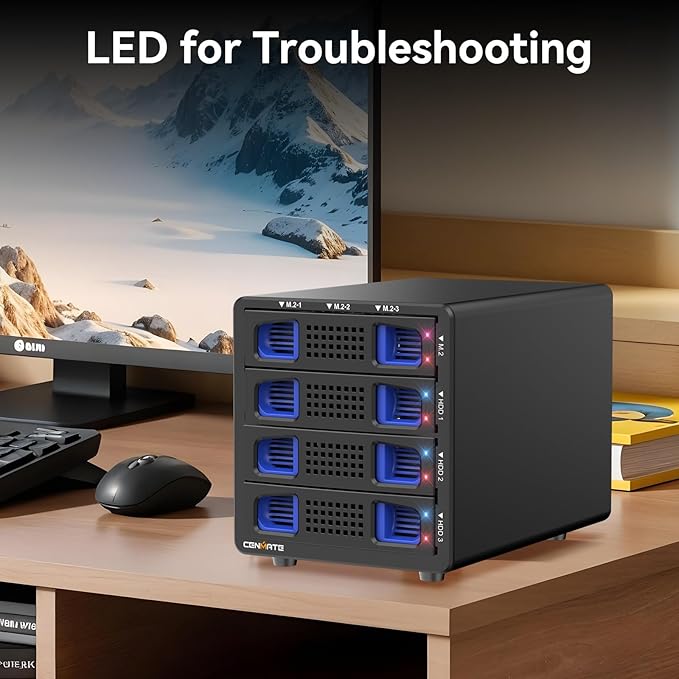 Hybrid 3*2.5/3.5" SATA HDD/SSD+3* M / B+M Key M.2 NVMe Enclosure with Cooling Fan and USB A/C 3.2 Gen 2, Hard Drive Enclosure Support 90TB(3*22TB HDD+3*8TB 2230/2242/2260/2280/22110 SSDs)