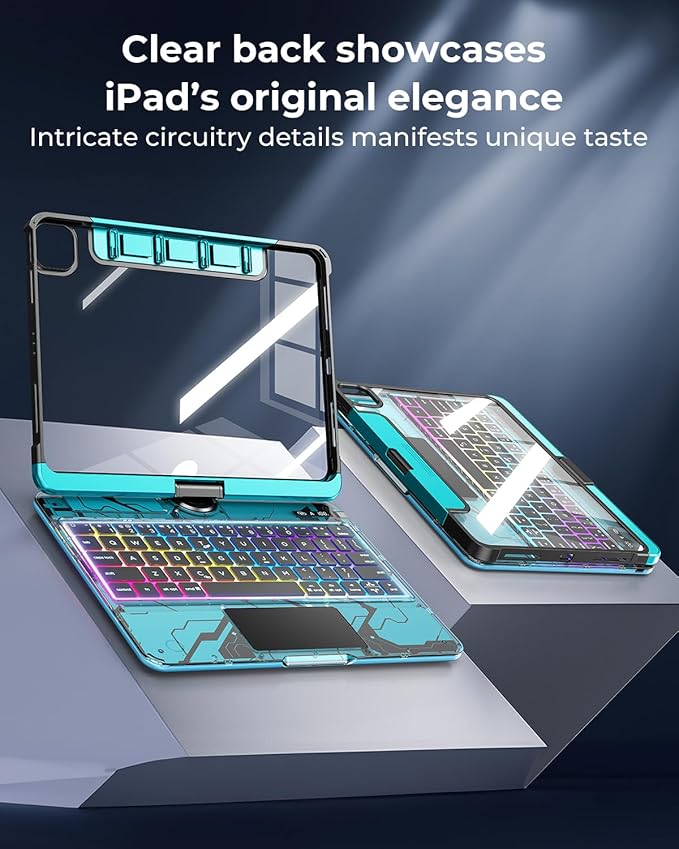 SIEBITU Clear Wireless Keyboard Case for iPad Air 13-inch (M3 2025/M2 2024) & iPad Pro 12.9-inch 6th 5th 4th 3rd Gen with Pencil Holder, Multi-Touch Trackpad & 7-Color Backlit, 360°Rotating, Blue