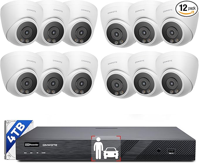 ONWOTE 16 Channel NVR PoE Security Camera System Wired, 12MP 4K 16CH Commercial NVR 4TB, Smart AI Color Night, 12x 6MP 122° Outdoor Audio IP Cameras, 12x Cables(Total 960ft), CCTV for Businesses Home