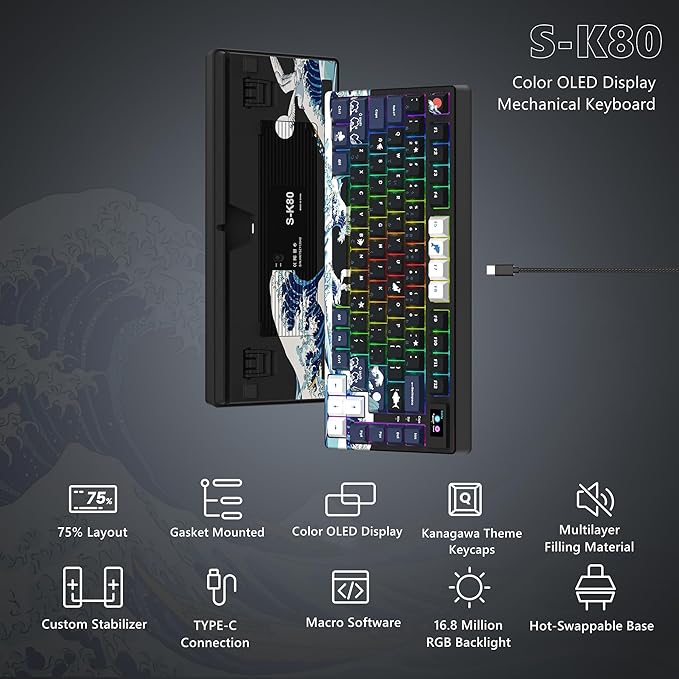 Womier S-K80 75% Keyboard with Color Multimedia Display Mechanical Gaming Keyboard, Wired Hot Swappable Gasket Mount RGB Custom Key Board, Pre-lubed Stabilizer for Mac/Win, Black Kanagawa