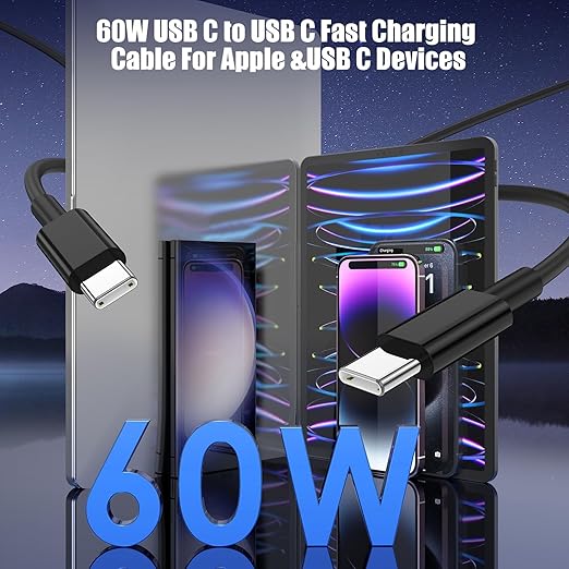 3-Pack Black [3.3FT+3.3FT+6.6FT] 60W USB C to USB C Cable, Type C Fast Charging Cable for iPhone 16 15 Pro Plus Pro Max，for Galaxy S24 S23, for iPad Pro/Air, for MacBook Pro/Air and More