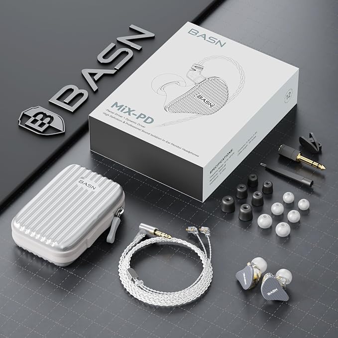BASN Mix-PD in Ear Monitor,1Planar Driver + 1Dynamic Driver HiFi IEM Earphones with CNC Crafted Metal Cover, Wired 0.78mm 2-Pin Silver Plated Detachable Cable for Musicians (Metallic Grey)