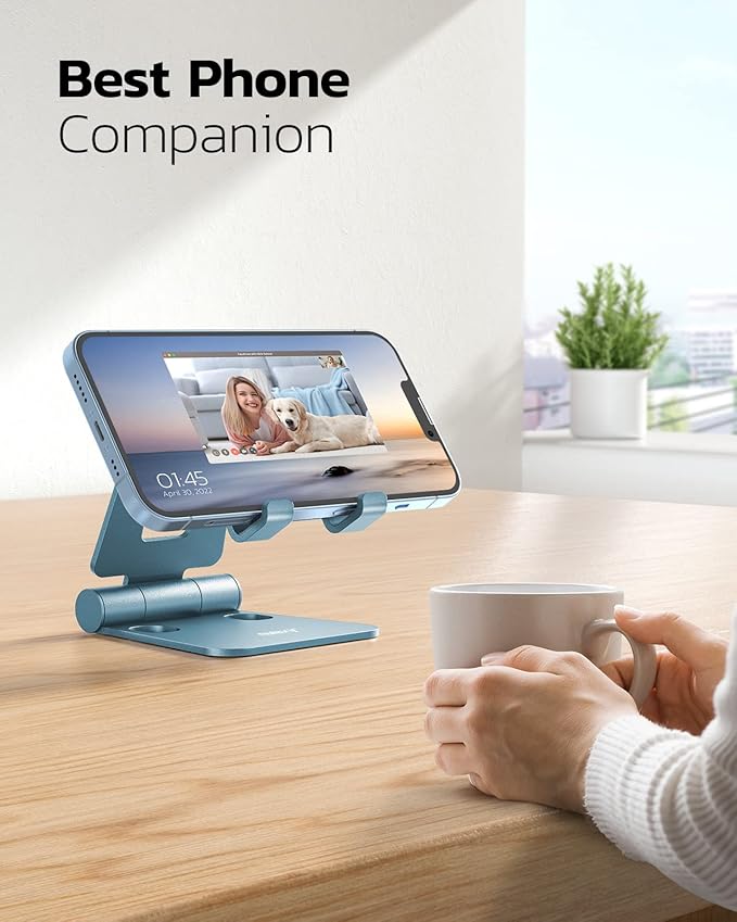 Nulaxy Dual Folding Cell Phone Stand, Fully Adjustable Foldable Desktop Phone Holder Cradle Dock Compatible with iPhone 17 16 15 14 13 12 11 Pro Max Xs Xr X 8, Nintendo Switch, All Phones - Blue
