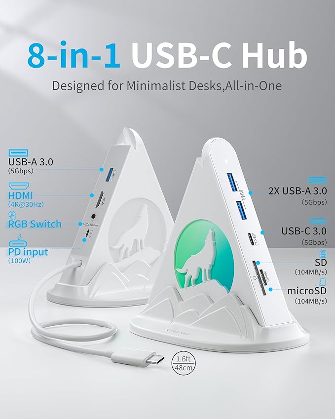 USB C Hub, 8 in 1 USB C Hub Multiport Adapter with 4K HDMI, PD 100W, 5Gbps Type C 3.0, 3xUSB A 3.0, SD/TF Card Reader& RGB Lighting, White Docking Station for MacBook Air/Pro, HP, Laptop, PC(Wolf)