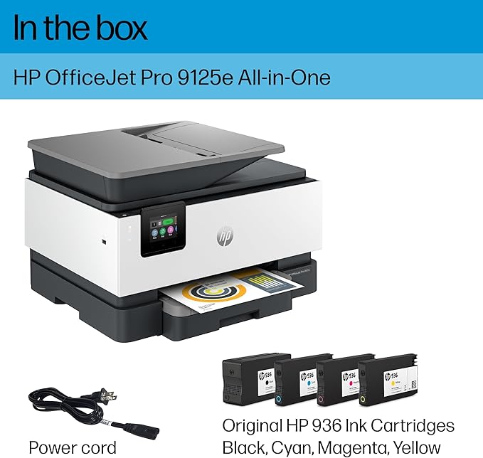 HP OfficeJet Pro 9125e All-in-One Printer, Color, Printer-for-Small Medium Business, Print, Copy, scan, fax,Touchscreen; Smart Advance Scan, 3 month Instant Ink trial included
