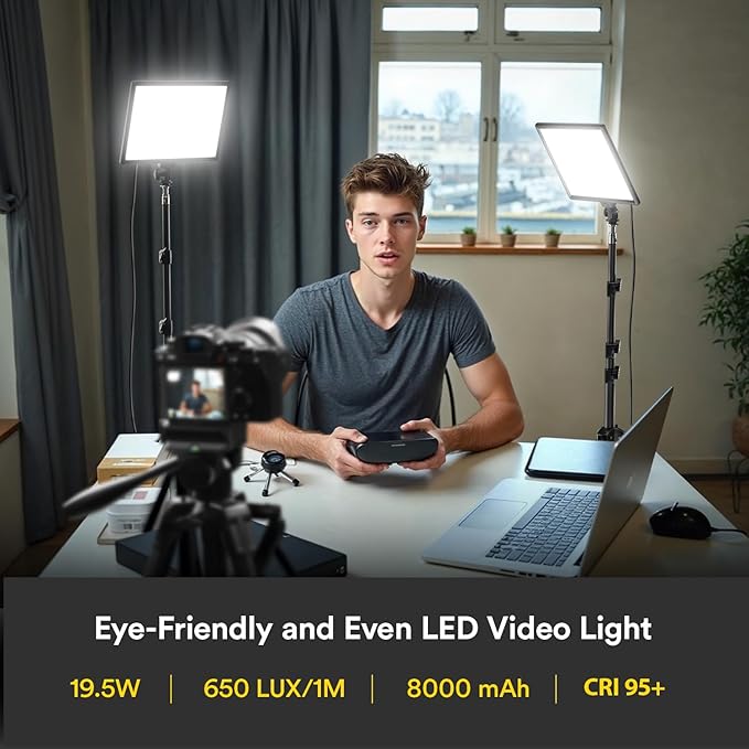 RALENO 13" LED Video Light Panel, 2-Pack Bi Color Photography Lighting Kit with 75" Stand & Phone Holder, Studio Lights with 8000mAh Built-in Battery for Video Recording/Tiktok Live Streaming/Game