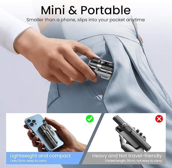Mini Tripod with Dual Fill Lights, Portable Selfie Stick with Wireless Remote, Pocket Size Phone Tripod with Cold Shoe for iPhone/Android, Vlogging & Live Streaming（Black）