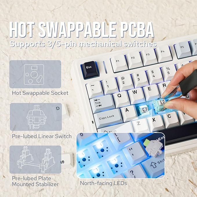 EPOMAKER x Aula F75 Gasket Mechanical Keyboard, 75% Wireless Hot Swappable Gaming Keyboard with Five-Layer Padding&Knob, Bluetooth/2.4GHz/USB-C, RGB (Light Blue, Crescent Switch)