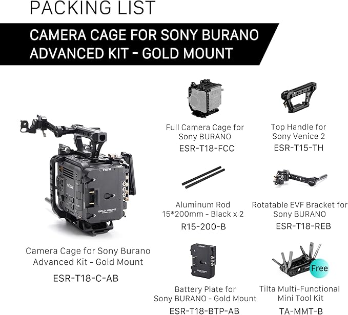 Tilta Camera Cage Compatible with Sony BURANO | Arri Rosettes, 1/4"-20 and 3/8"-16 Threads | w/Top Handle, Left/Right Side Arm, Battery Plate (Advanced Kit - Gold Mount)