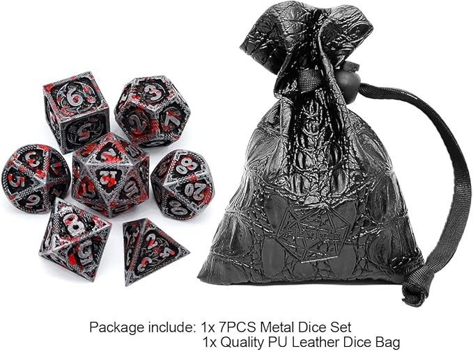 Haxtec Bloodstained Metal DND Dice Set Antique Iron Blood D&D Dice Set Dragon Scale with Leather Dice Bag Bloodsplattered Metal Polyhedral Dice Compatible with Dungeons and Dragons TTRPG Gifts