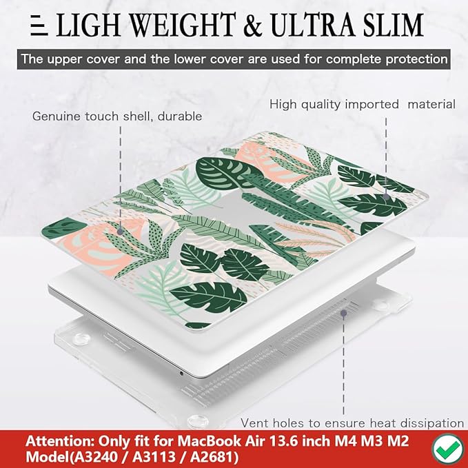 CISSOOK MacBook Air 13.6 inch Case A2681 M2 A3113 M3 with Touch ID, Tropical Palm Leaves, Hard Shell, Keyboard Cover, Screen Protector, Type C Adapter