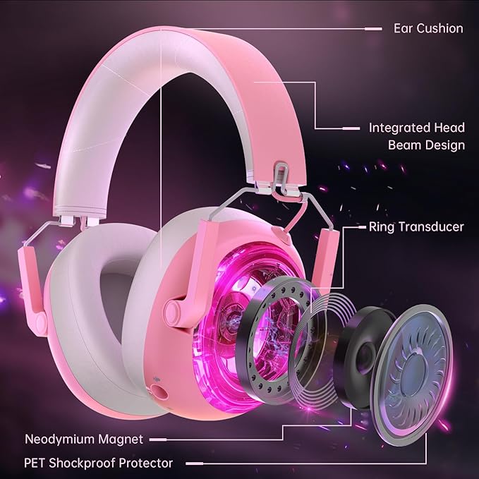 Wireless Gaming Headset for PS5, PS4, PC, NES, Bluetooth 5.3 Gaming Headsets Wireless with Noise Canceling Microphone, Gamer Headphones for Nintendo Switch, 50H Battery - Pink