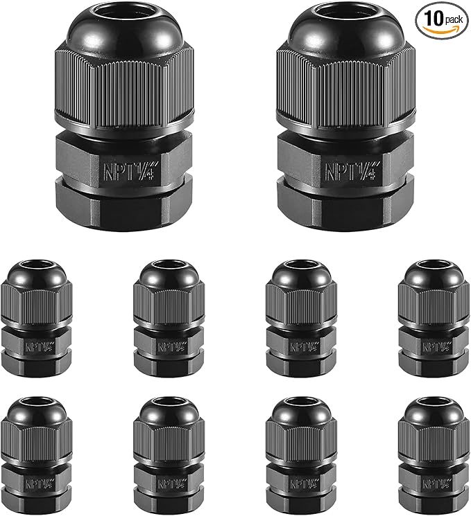 10 PCS 1/4"(4-8mm) NPT Nylon Cable Gland Joints with Gaskets, IP68 Adjustable Lock Nut Strain Relief Cord Grip Waterproof Cable Glands - UL Listed and RoHS Compliant
